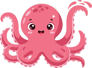 Adorable pink octopus character with large eyes and smiling expression isolated on white background