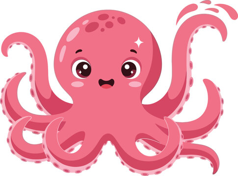 Adorable pink octopus character with large eyes and smiling expression isolated on white background
