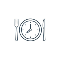 Time to Eat Concept Plate with Clock Face between Fork and Knife Line Icon