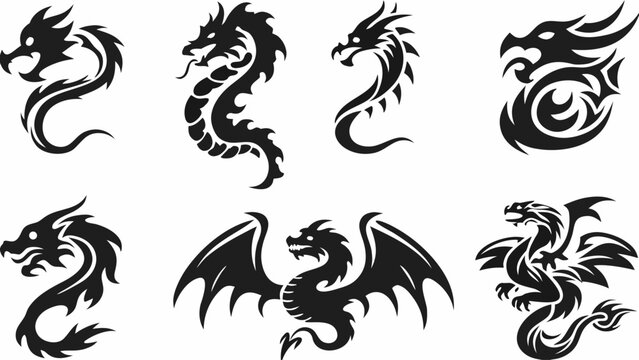 Dragon tattoo designs tribal vector art set mythical beast silhouette graphic icon collection
