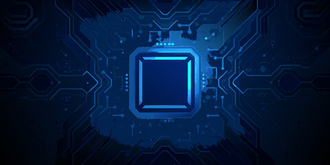 Abstract blue circuit board with a central processor and hexagonal patterns