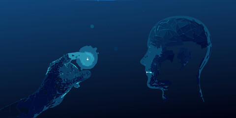 A digital illustration displaying a hand holding a glowing heart towards a human head