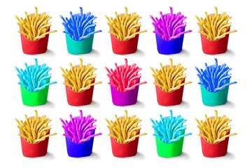 Colorful display of buckets filled with fried snacks, showcasing a fun and playful arrangement, perfect for party themes and children's events