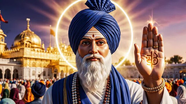 Revered spiritual leader with a white beard and blue turban blessing a crowd at a golden temple complex, with a radiant halo, Gobind Singh