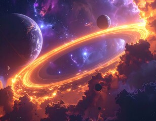 Cosmic scene with planets, glowing rings, and vibrant nebulas