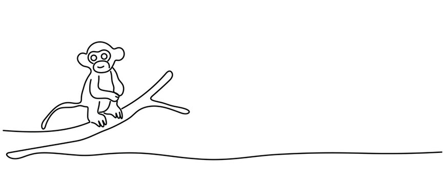 Wildlife monkey sitting on the tree branch alone isolated Vector illustration clipart symbol sign, One continuous line art drawing for Poster, banner background, outline copyspace empty blank space