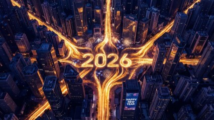 Aerial view of a futuristic city at night with glowing light trails forming networks and the year 2026.