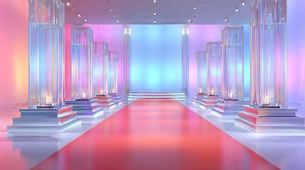 Futuristic corridor with glowing pillars and vibrant lights.