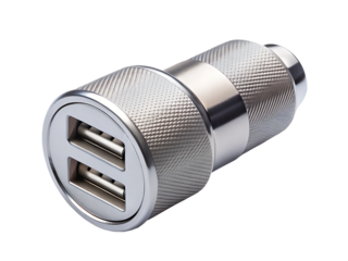 A Gleaming Silver Car Charger With Dual USB Ports for On-The-Go Power isolated on white background  ,PNG. AI Generated
