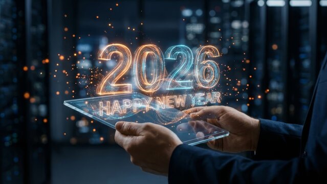 A person holding a futuristic transparent tablet displaying a glowing holographic "2026 HAPPY NEW YEAR" in a modern data center. - Powered by Adobe