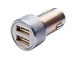 A Gleaming Silver Car Charger With Dual USB Ports for On-The-Go Power isolated on white background  ,PNG. AI Generated