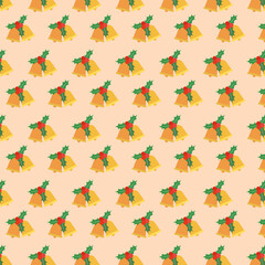 Seamless Christmas bell and Holly Berry on Background.