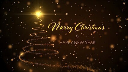 Elegant golden christmas tree light trail animation with merry christmas and happy new year text overlay and falling snow particles on dark background