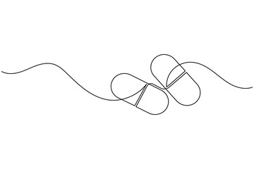 Minimalist continuous line art of two pills, representing medicine and healthcare, on a white background.