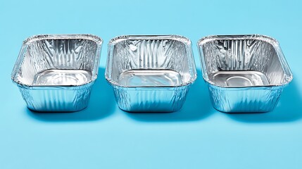 Three Empty Aluminum Food Containers on Blue Background.