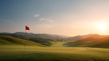 Golf course flag on green fairway at sunset.