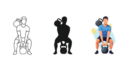 Kettlebell goblet squat exercise demonstration set outline, silhouette and color illustration for fitness training
