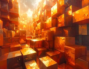Cubic city under a bright sky with golden-orange reflections