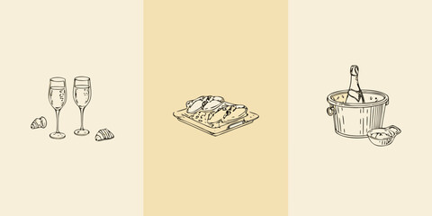 Celebratory sketch of champagne oysters and caviar on a beige background