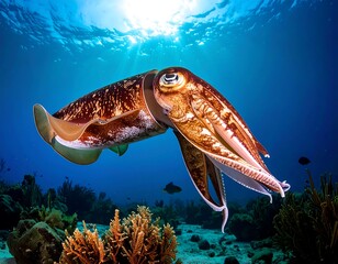 Cuttlefish gracefully swims underwater with sunlight filtering