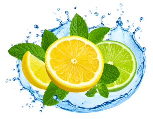 Fresh citrus slices and mint leaves in a refreshing water splash