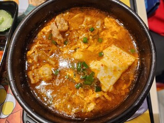 Spicy Tofu and Meat Stew in a Stone Pot with Green Onions and Rich Broth
