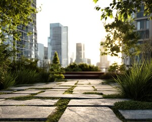 Fototapeta premium Urban Rooftop Garden with Stone Pavers Greenery and Cityscape Background on Sunny Day