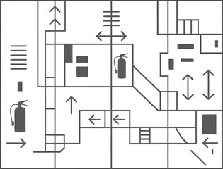 Building evacuation floor plan vector map outlining emergency routes fire extinguisher locations and stairs
