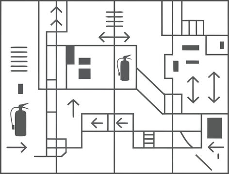Building evacuation floor plan vector map outlining emergency routes fire extinguisher locations and stairs
