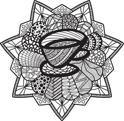Coffee Concept Mandala isolated on the white background. Template for coloring book page.