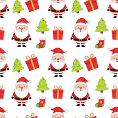 Seamless Christmas Pattern with Cute Santa Claus, Gift Boxes, Trees, and Festive Icons Vector