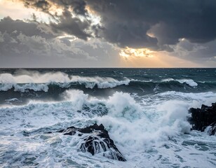 Dramatic seascape of crashing waves beneath a stormy sky