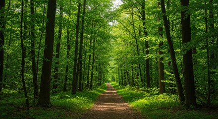 Obraz premium A sunlit path through a dense forest. Lush green trees line both sides of a narrow dirt path, leading into the distance. Sunlight filters through the canopy, creating a serene and tranquil scene