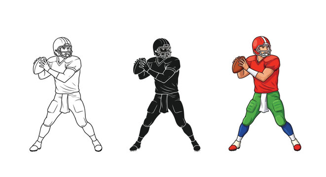 A football quarterback throwing pose set outline, silhouette and color illustration
