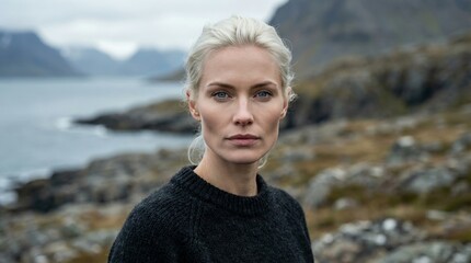 Close-up portrait of a serious woman with light hair standing in a rocky coastal landscape, natural photographic style, cloudy and moody background, concept of solitude. Ai generative