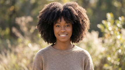 Close-up portrait of smiling woman with curly hair in sunlight, natural style, outdoors with blurred greenery, concept of happiness and confidence. Ai generative