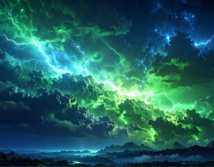 Dramatic view of electrifying green and blue lightning storm in the dark sky