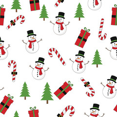 Seamless Christmas Pattern with Snowmen, Candy Canes, Gift Boxes, and Pine Trees Vector