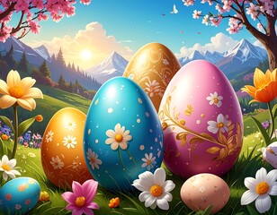 Decorated Easter eggs on a sunny green field with flowers, mountains
