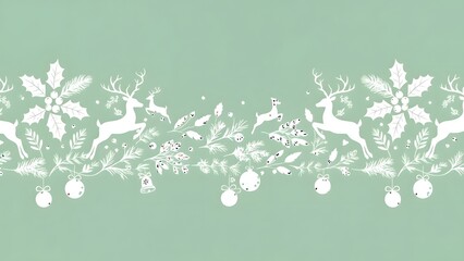 Seamless christmas border with white reindeer, snowflakes, and ornaments on pastel green background