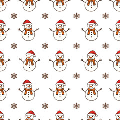 Seamless Christmas Snowman Pattern with Winter Hats, Scarves, and Snowflakes Flat Vector Design