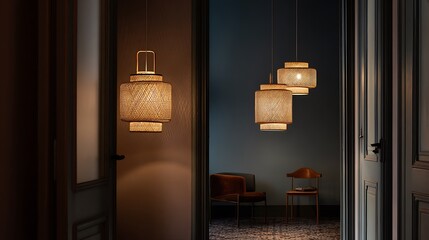 Interior View of Modern Hanging Lanterns in Room.