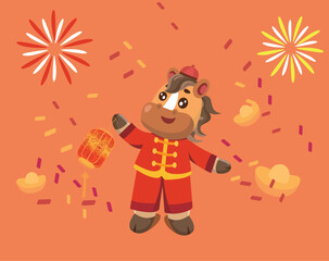 Naklejka premium An anthropomorphic cute horse holding a lantern to offer New Year's greetings, auspicious fireworks and ingots for the Year of the Horse.