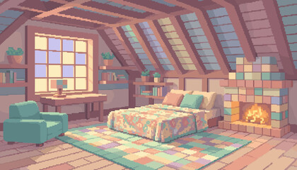 Cozy pixel art attic bedroom with a warm fireplace, large window, and comfortable bed under a sloped ceiling with skylights, creating a peaceful and nostalgic atmosphere © Vladislav