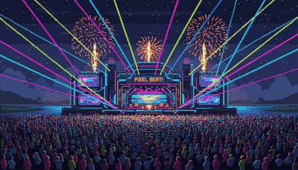 Pixel art illustration of a music festival at night showing a large crowd watching an energetic stage show with vibrant neon lights, lasers, and spectacular fireworks