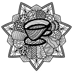 Coffee Concept Mandala isolated on the white background. Template for coloring book page.