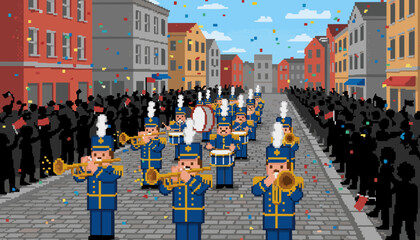 Obraz premium Pixel art marching band in blue and gold uniforms plays brass instruments while marching in a festive city parade with a crowd and falling confetti