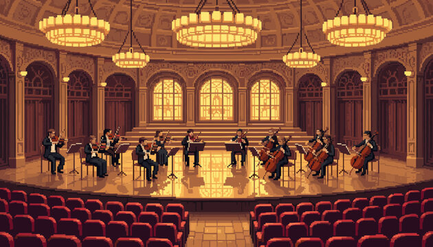 Pixel art illustration of a symphony orchestra performing classical music on a grand, warmly lit stage inside an elegant and ornate concert hall with large chandeliers