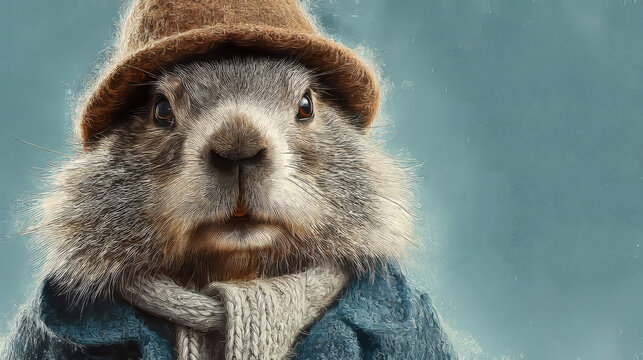 Adorable groundhog wearing a brown hat and blue coat with a scarf. Perfect for Groundhog Day blogs, wildlife photography sites, children's story platforms, or animal weather prediction news.