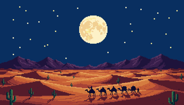 Pixel art camel caravan travels across a vast desert landscape under a bright full moon and starry night sky, featuring distant mountains and saguaro cacti